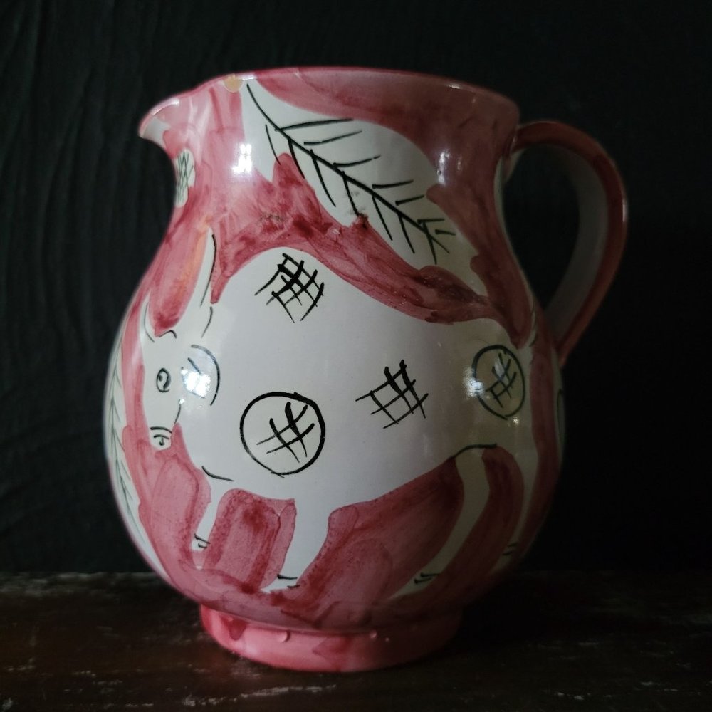 Vintage Made in Italy Pitcher with Bull and Flowers, Hand-Painted  *Chips